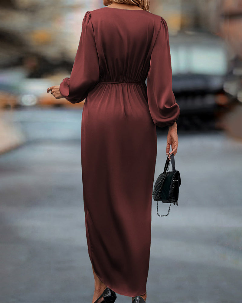 Lowenna | Women's Deep V-Neck Long Lantern Sleeves Wrap Style Maxi Dress – Elegant & Comfortable for Every Occasion