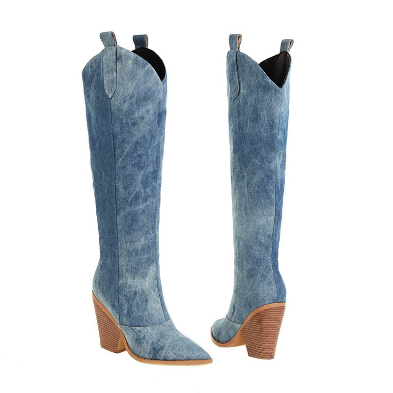 Klarie | Women's Blue Denim Cowboy Boots – Stylish Block Heel Western Boots