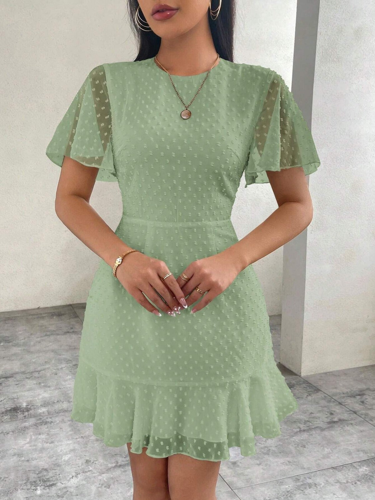 Tavina | Women's Polka Dot Ruffle Trim Mini Dress with Round Neck & Short Sleeves