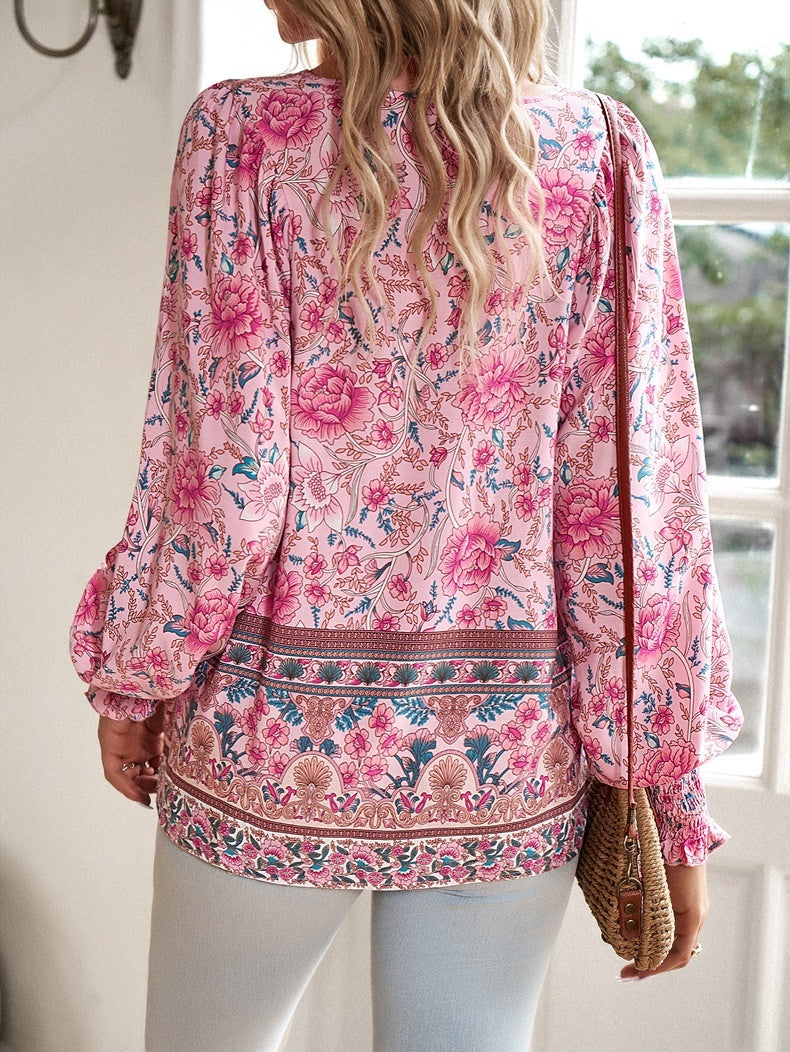 Delilah | Women's Floral Bohemian Blouse with Lantern Sleeves and Loose Fit