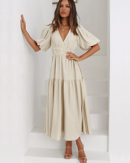Eadlyn | Women’s Summer Midi Dress – V‑Neck with Puff Sleeves & Tiered Skirt