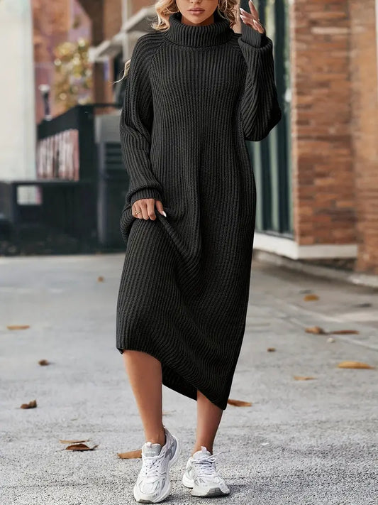 Pixie | Women's Striped Textured Knitted Midi Dress – Elegant High Neck & Long Sleeves