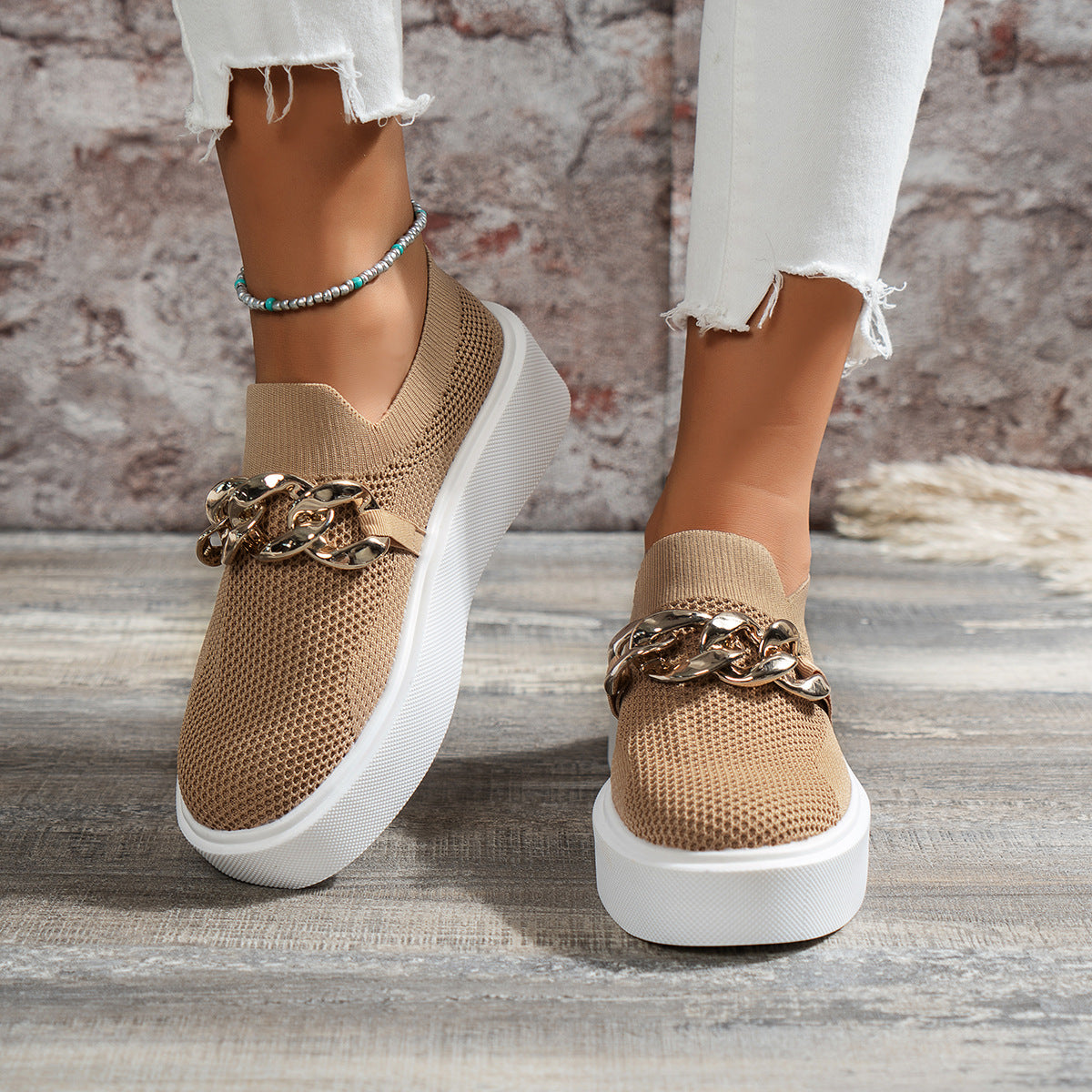 Octavia | Women's Mesh Slip-On Platform Loafers with Gold Chain Detailing – Stylish, Breathable & Comfortable