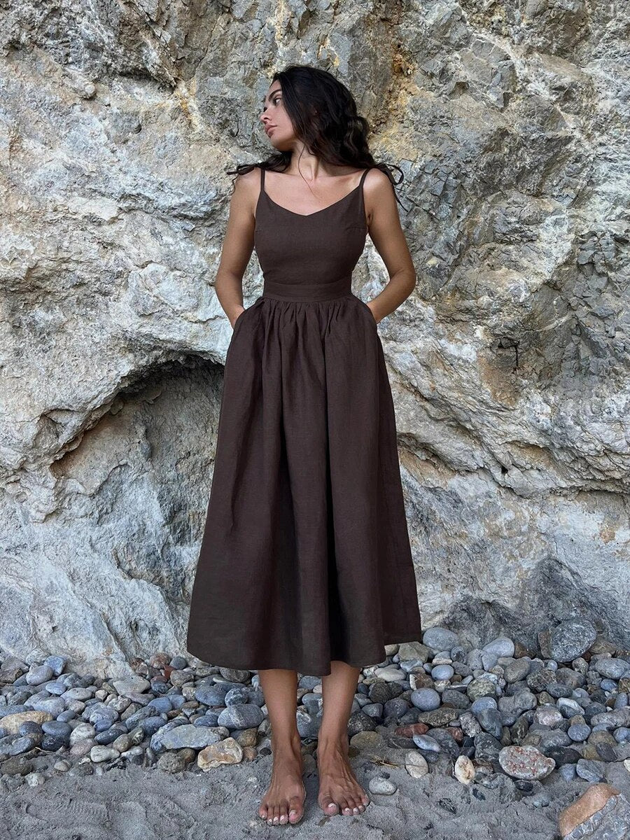 Marigold | Women’s Backless Linen Summer Maxi Dress with Tie Shoulder Straps