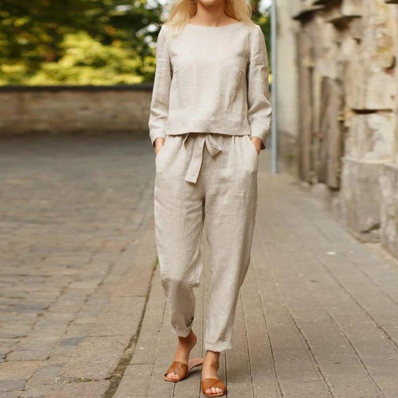 Eden | Women's Comfortable Linen Set | Solid Colour Long Sleeve Blouse with High-Waist Drawstring Belt Pants