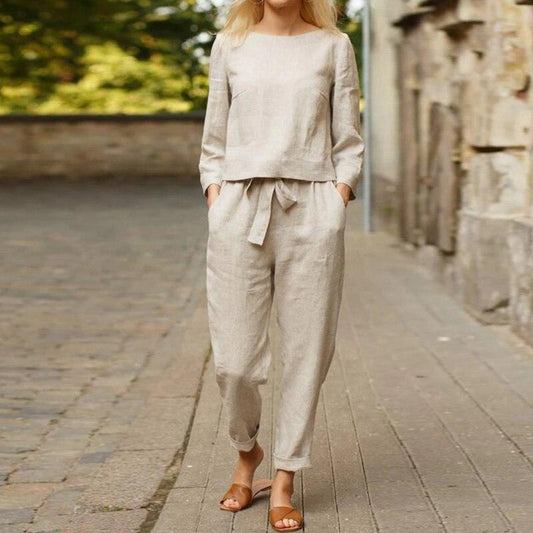 Eden | Women's Comfortable Linen Set | Solid Colour Long Sleeve Blouse with High-Waist Drawstring Belt Pants