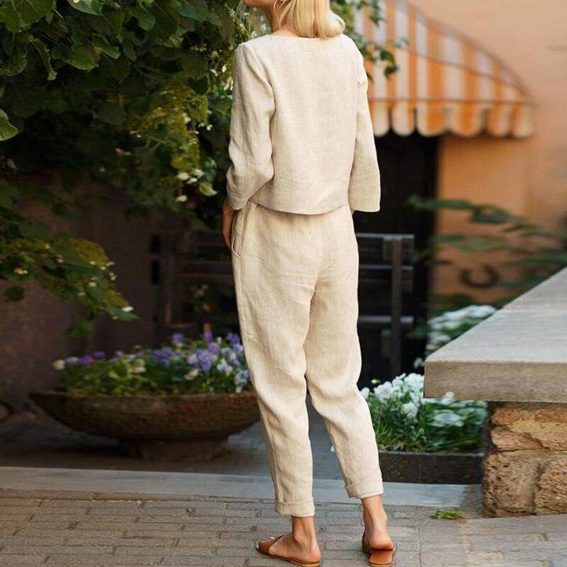 Eden | Women's Comfortable Linen Set | Solid Colour Long Sleeve Blouse with High-Waist Drawstring Belt Pants