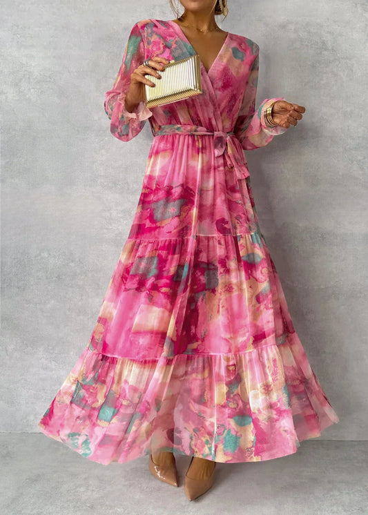 Jessica | Women’s Multicolour V-Neck Wrap-Style Maxi Dress with Tie Waist & Long Sleeves