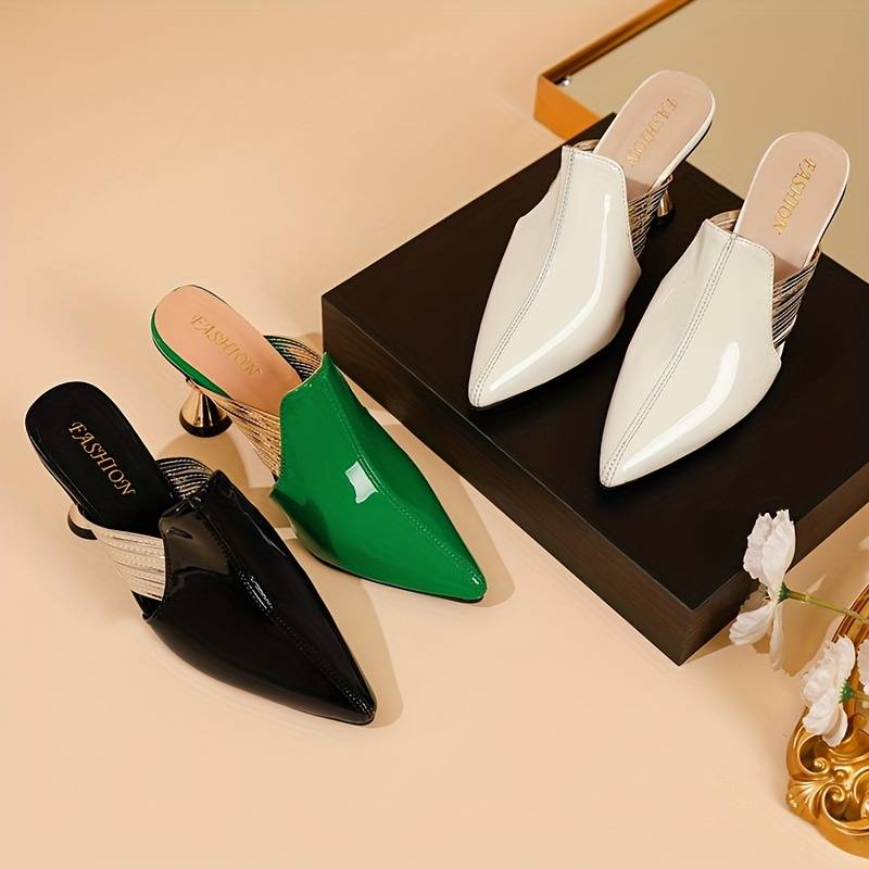 Lioren | Women’s Pointed Toe Slip-On Mules – Chic Metal Heel Office & Party Shoes