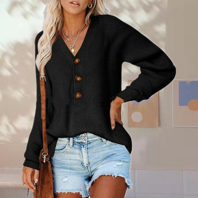 Andrea | Women’s Solid Colour V-Neck Partial Buttoned Sweater