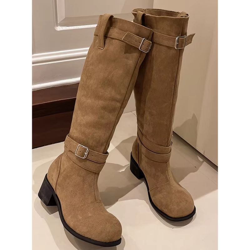 Annelien | Women's Knee-High Suede Boots with Block Heel and Buckle Strap - Stylish and Comfortable