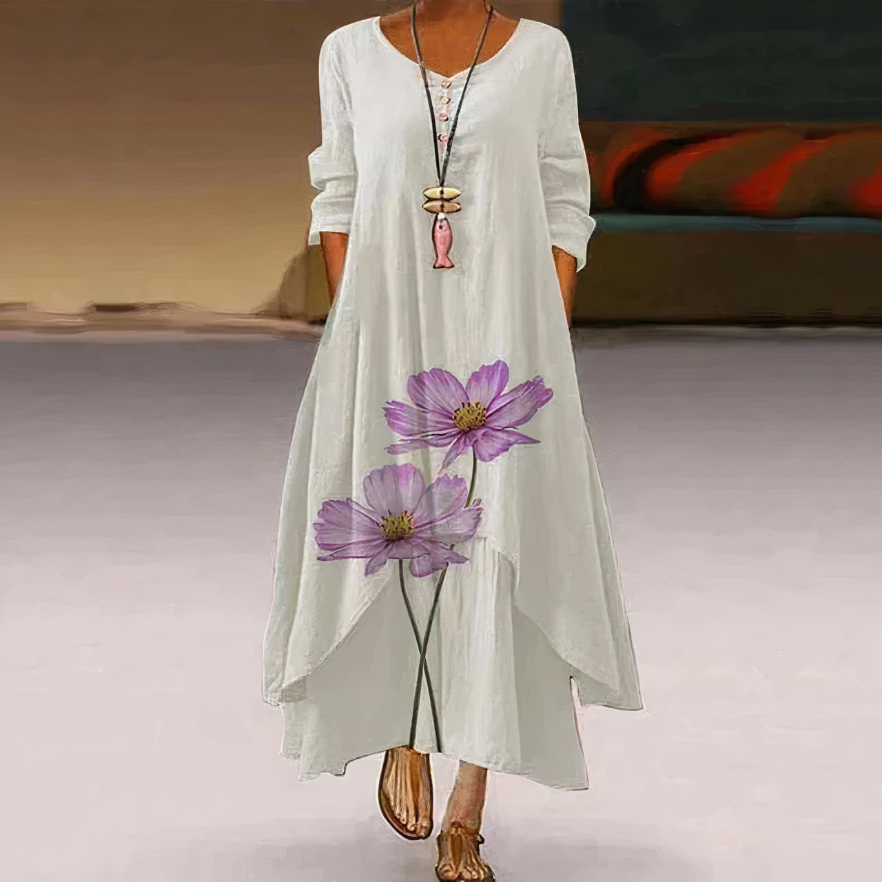 Kerith | Women's Floral Maxi Dress with Round Neck & Layered Hem