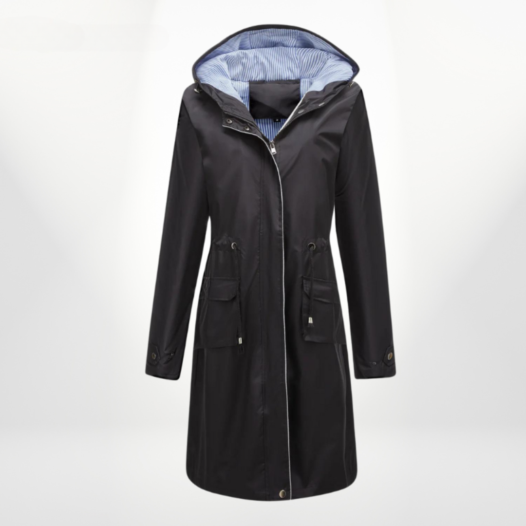 Allegra | Women’s Long Hooded Trench Coat with Drawstring Waist