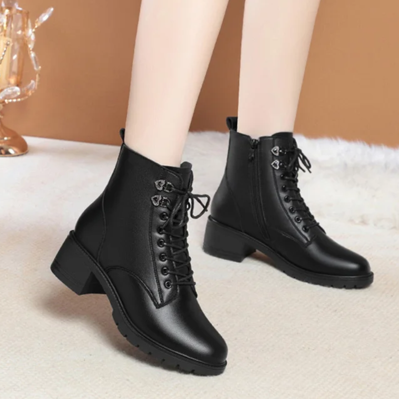 Zoraide | Women's Block Heel Winter Boots with Side Zipper & Lace-Up Design