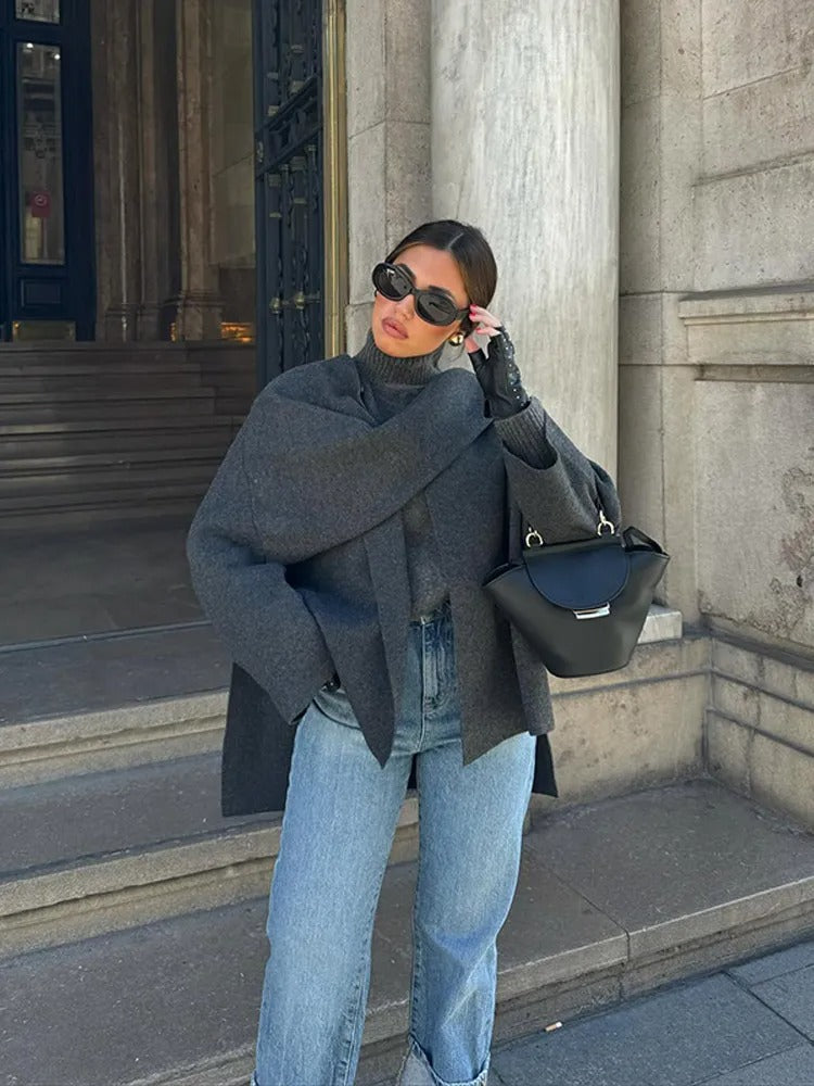 Zaida | Women's Stylish Coat with Asymmetric Design, Built-In Scarf Collar & Buttoned Closure
