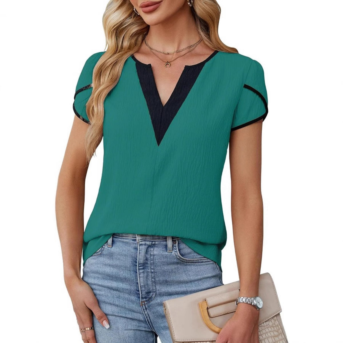 Telyn | Women’s Two-Tone Petal Sleeve V-Neck Summer Blouse – Lightweight & Elegant Casual Top