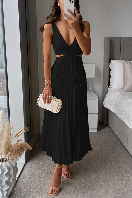 Jemima | Women's Solid Colour Deep V-Neck Pleated Midi Dress – Elegant & Stylish Formal Dress