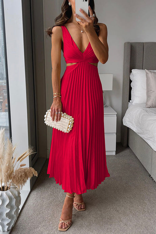 Jemima | Women's Solid Colour Deep V-Neck Pleated Midi Dress – Elegant & Stylish Formal Dress