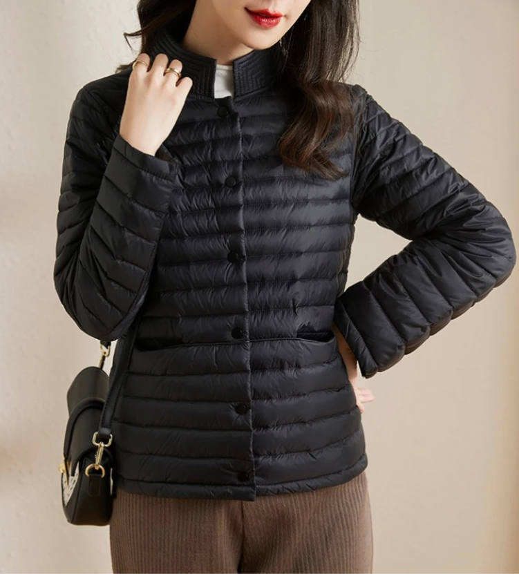 Amelie | Women’s Quilted Down Jacket with Button Closure and Ribbed Collar