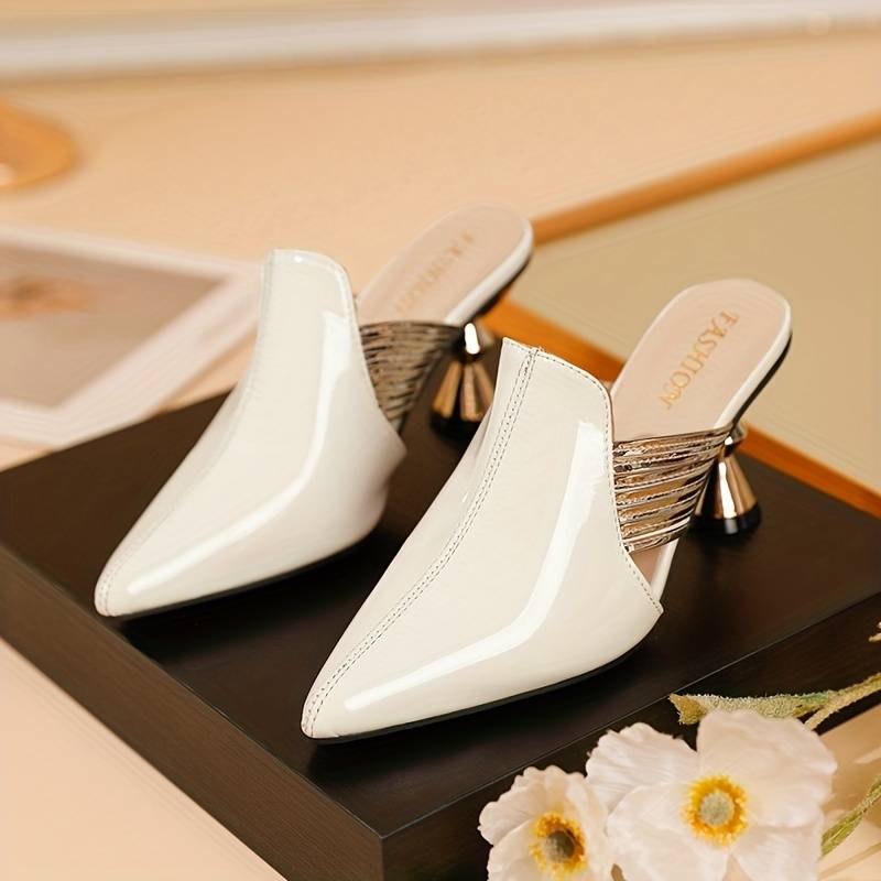 Lioren | Women’s Pointed Toe Slip-On Mules – Chic Metal Heel Office & Party Shoes