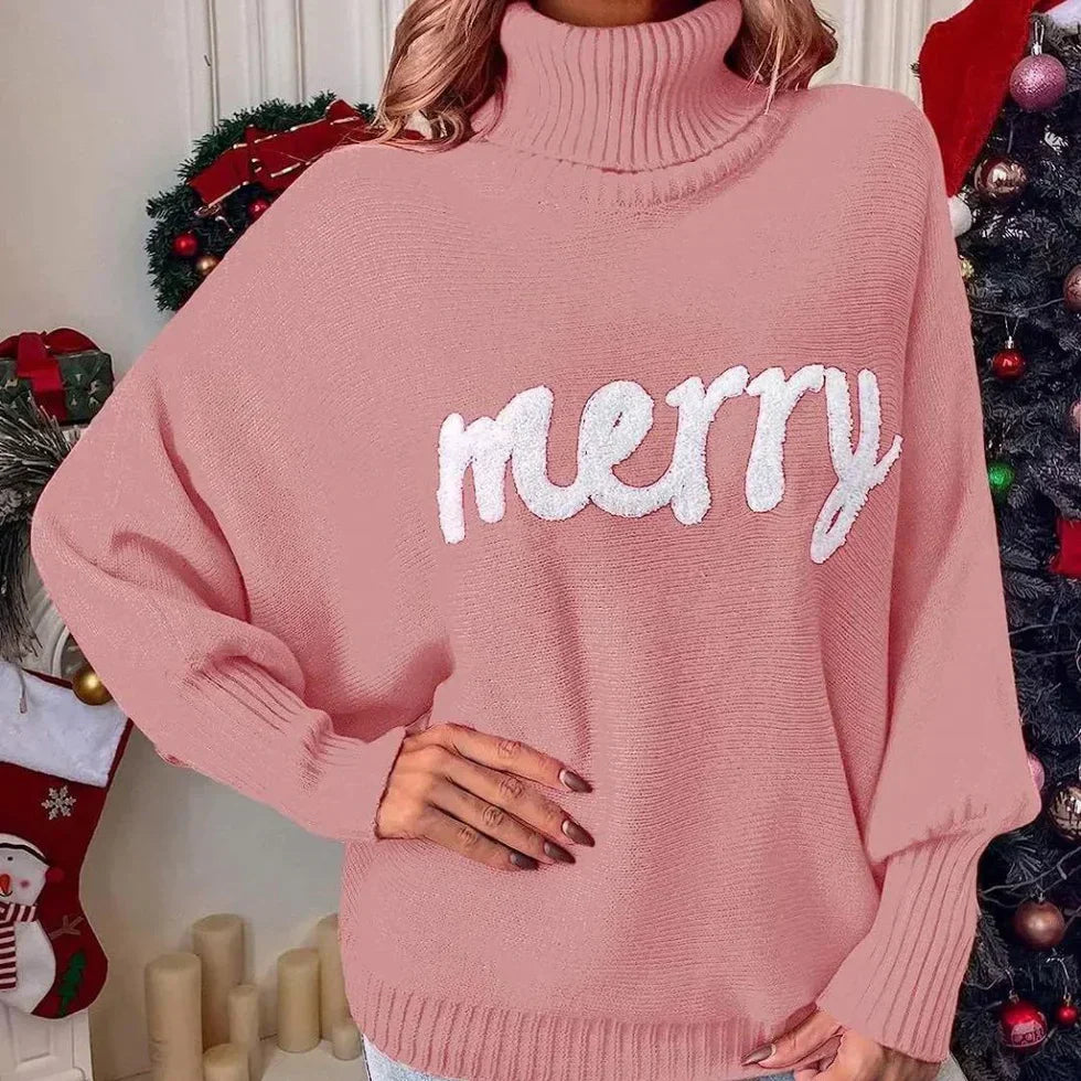 Katrin | Women's Turtleneck Loose Fit Knitted Sweater with Festive "Merry" Detail