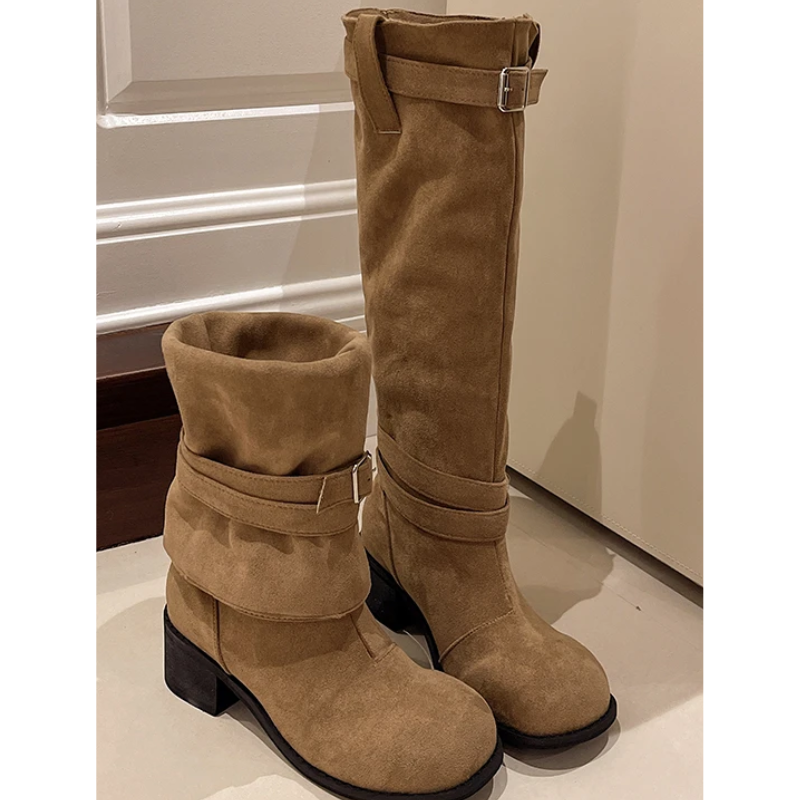 Annelien | Women's Knee-High Suede Boots with Block Heel and Buckle Strap - Stylish and Comfortable