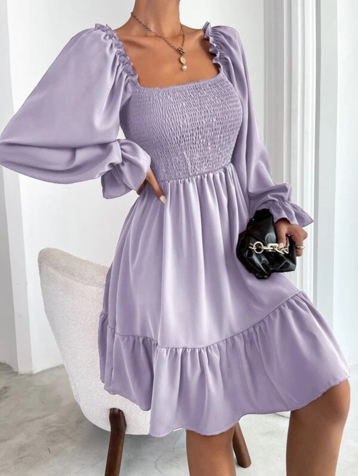 Sibylla | Women’s Solid Colour Square Neck Pleated Mini Dress with Bishop Sleeves & Ruffled Hem