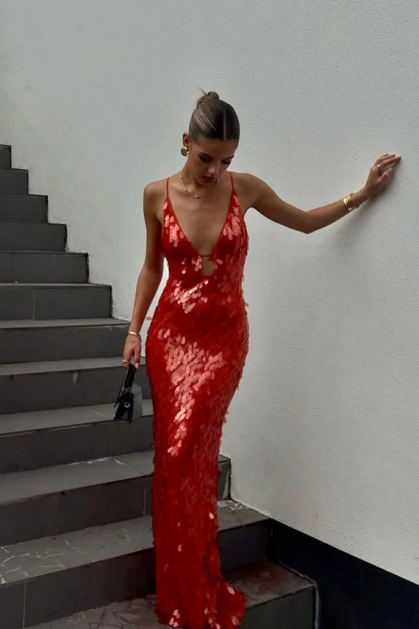 Lara | Women’s Red Sequin Spaghetti Strap Deep V Neck Mermaid Maxi Dress for Special Occasions