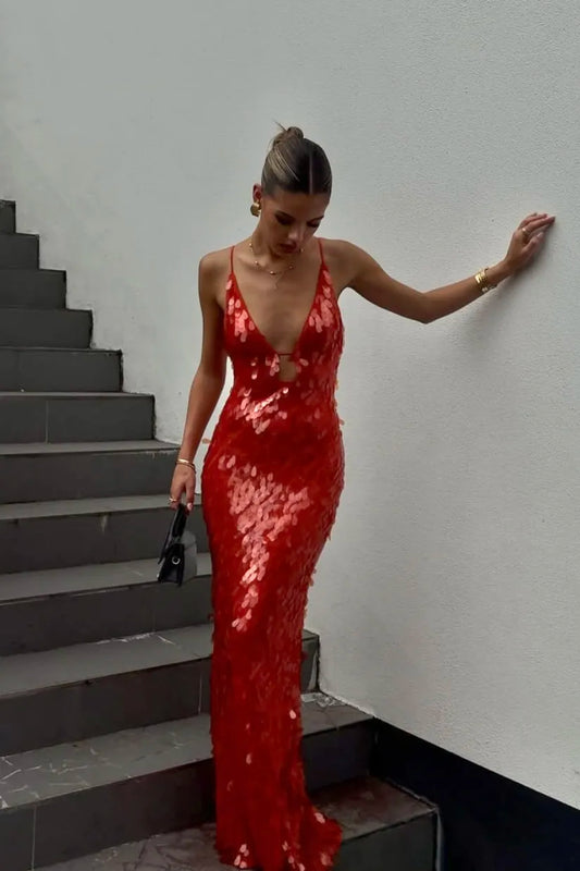 Lara | Women’s Red Sequin Spaghetti Strap Deep V Neck Mermaid Maxi Dress for Special Occasions