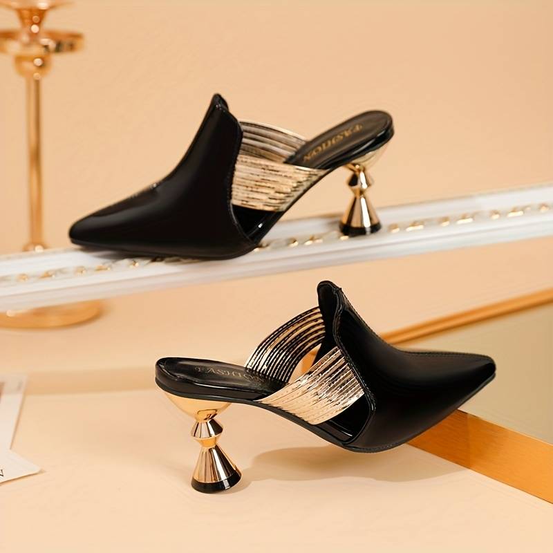 Lioren | Women’s Pointed Toe Slip-On Mules – Chic Metal Heel Office & Party Shoes