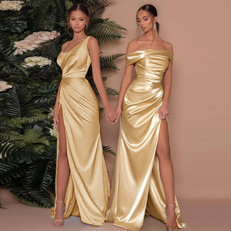 Quenilda | Women’s Elegant One-Shoulder High Waist Slit Maxi Dress with Corset Boning