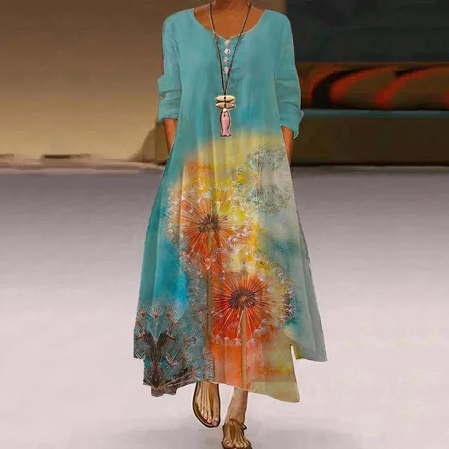 Kerith | Women's Floral Maxi Dress with Round Neck & Layered Hem