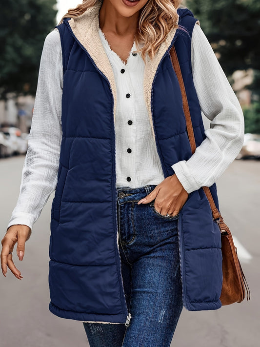 Querina | Women's Fleece-Lined Long Hooded Gilet – Stylish and Comfortable Zip-Up Vest