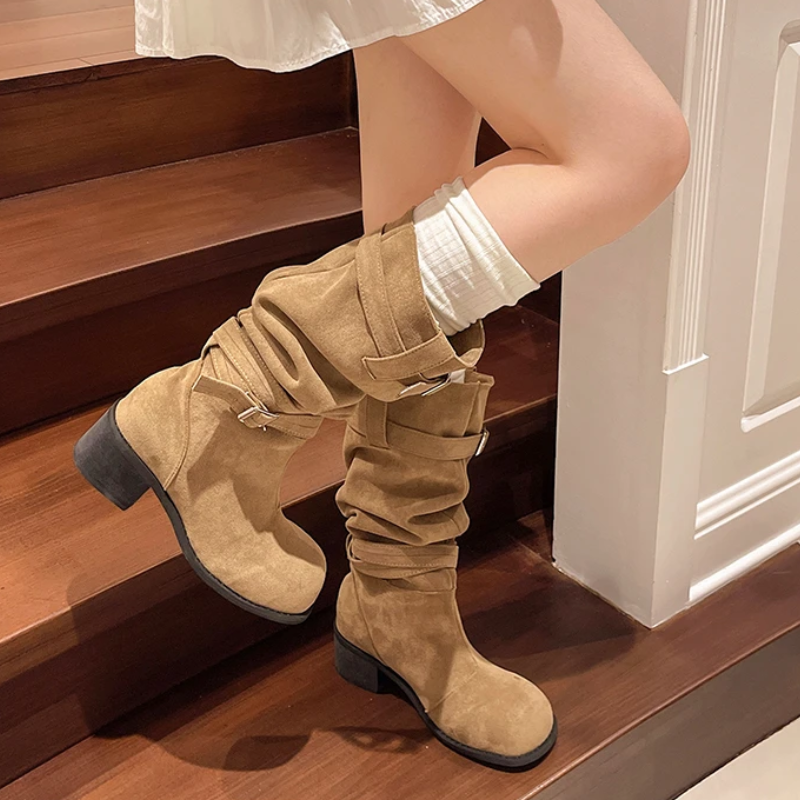 Annelien | Women's Knee-High Suede Boots with Block Heel and Buckle Strap - Stylish and Comfortable