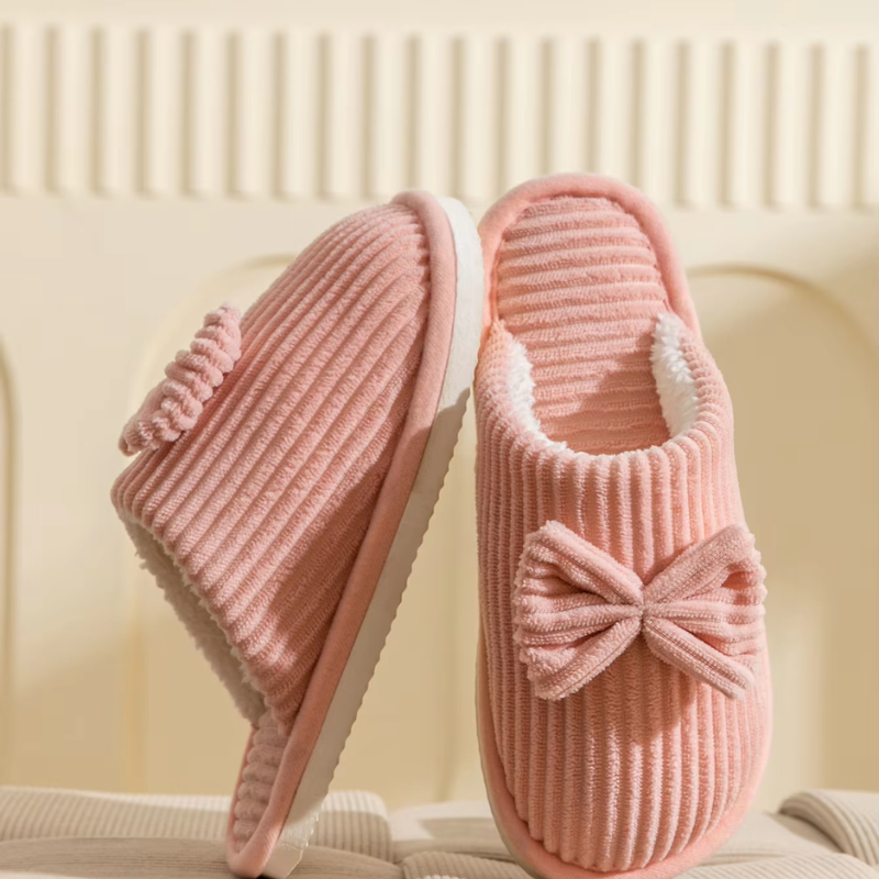Donna | Women's Lightweight Ribbed Plush House Slippers with Ribbon Decor