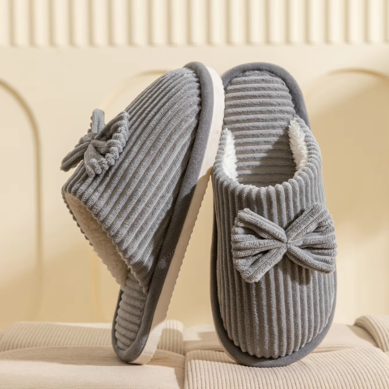 Donna | Women's Lightweight Ribbed Plush House Slippers with Ribbon Decor