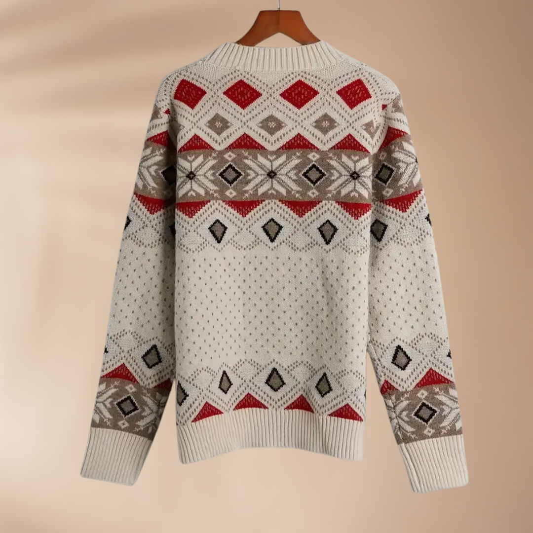 Emmeline | Women's Apricot Round Neck Sweater with Geometric and Snowflakes Pattern – Stylish, Comfortable, and Warm