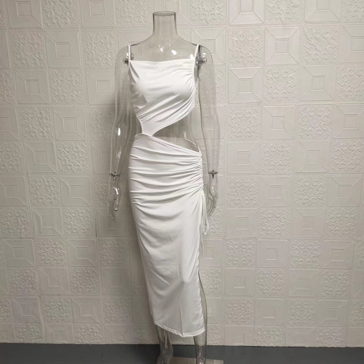 Sonoria | Women’s Solid Colour Spaghetti Strap Bodycon Midi Dress with Waist Cut-Out & Leg Slit