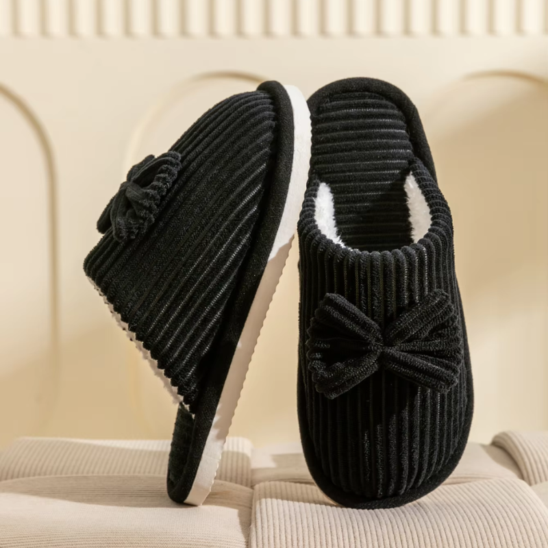 Donna | Women's Lightweight Ribbed Plush House Slippers with Ribbon Decor