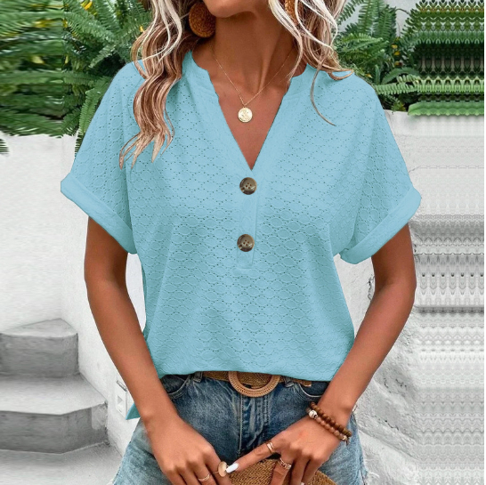 Orabella | Women’s V-Neck Buttoned Short Sleeve Casual Shirt in Textured Fabric