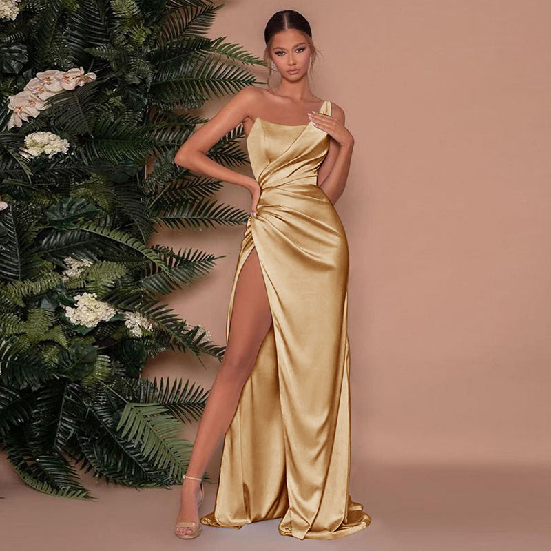 Quenilda | Women’s Elegant One-Shoulder High Waist Slit Maxi Dress with Corset Boning