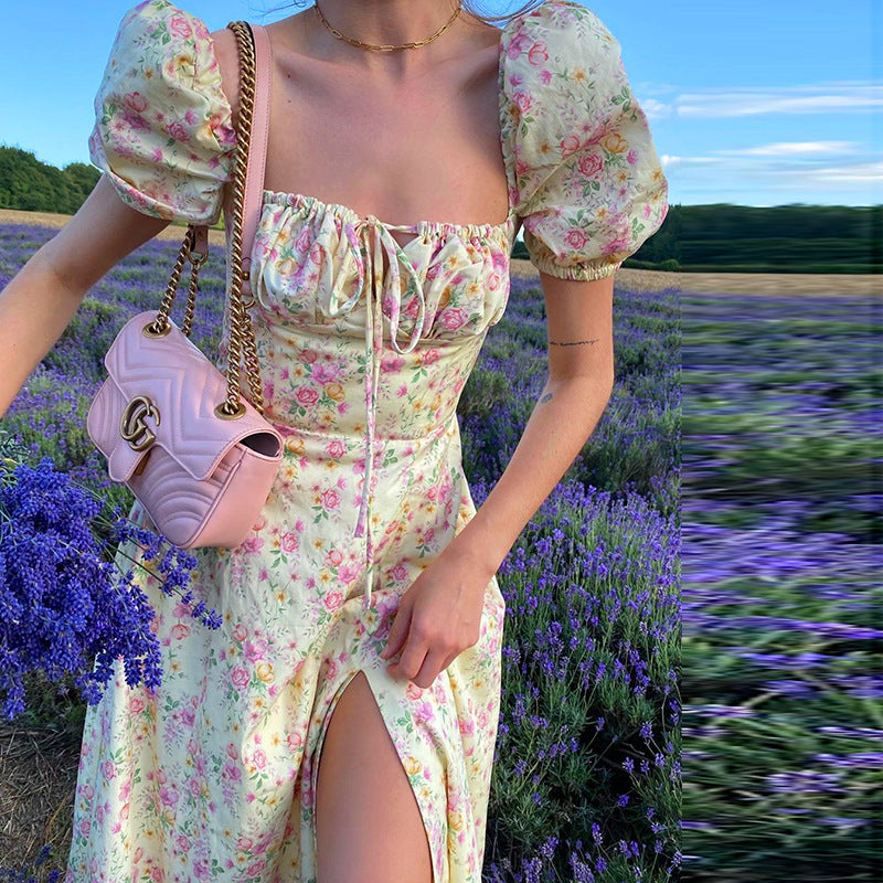 Charlotte | Women's Floral Puff Sleeve Summer Maxi Dress with Slit and Cinched Waist