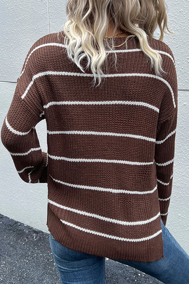 Norlinda | Brown V-Neck Knit Jumper with White Stripes