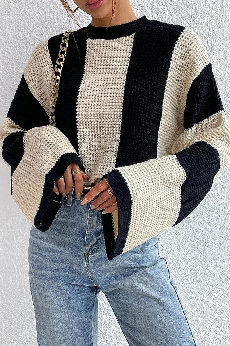 Zerinda | Women's Striped Two-Tone Knit Sweater with Flared Sleeves