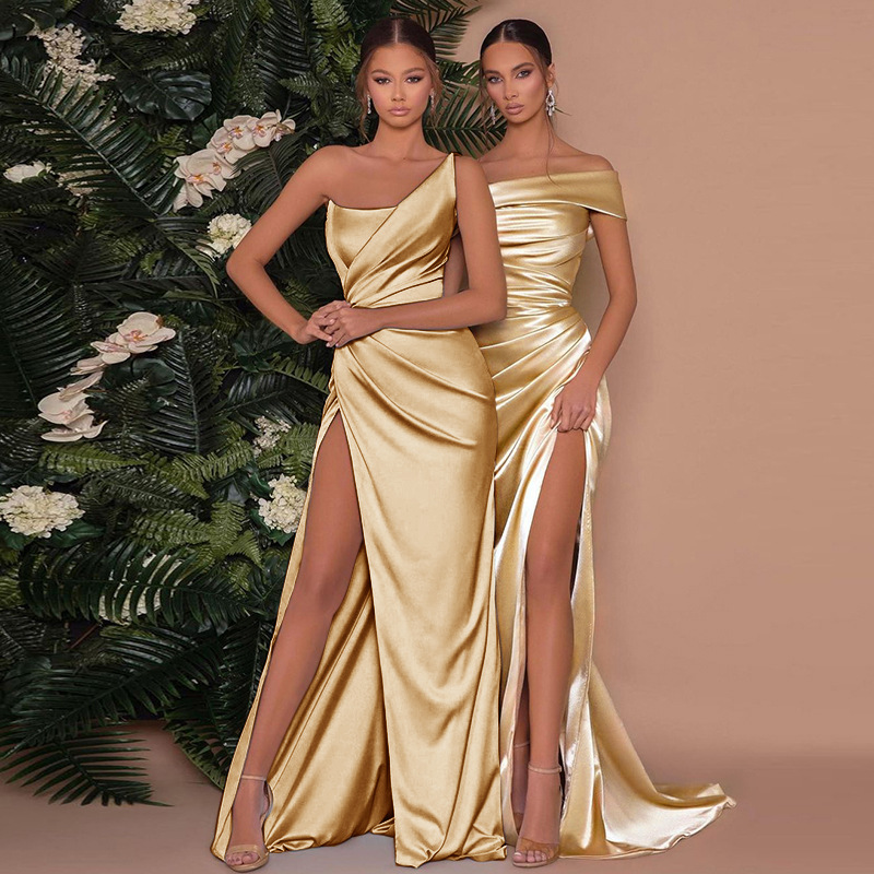 Quenilda | Women’s Elegant One-Shoulder High Waist Slit Maxi Dress with Corset Boning