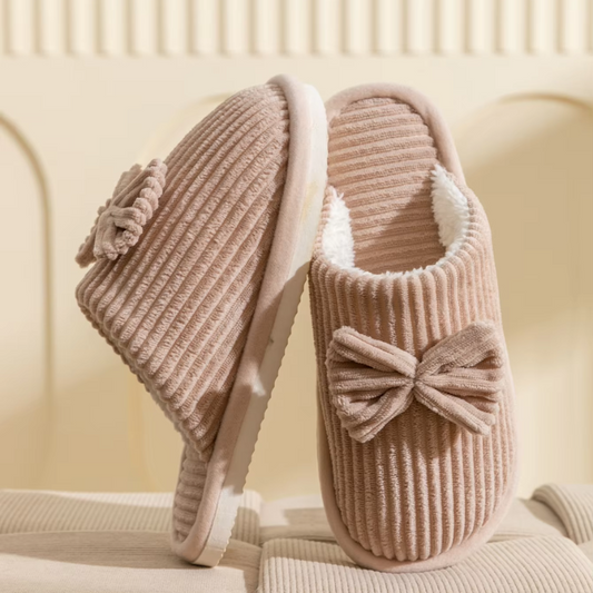 Donna | Women's Lightweight Ribbed Plush House Slippers with Ribbon Decor