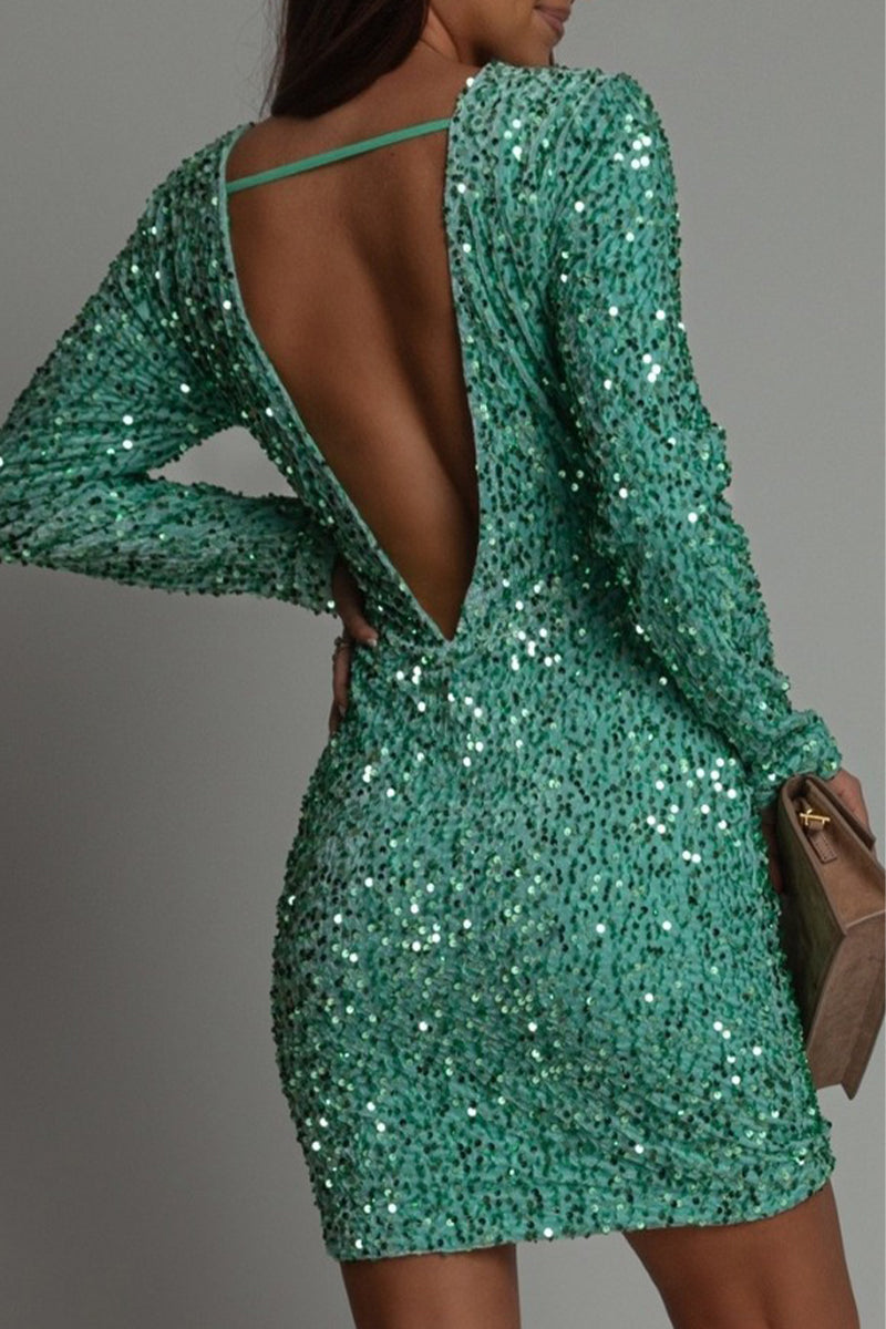 Kenna | Sparkly Sequin Backless Mini Party Dress – Long Sleeves & Bodycon Fit