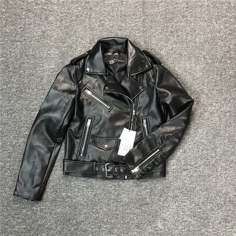 Elfriede | Women's Slim-Fit Leather Jacket with Waist Belt and Multiple Pockets