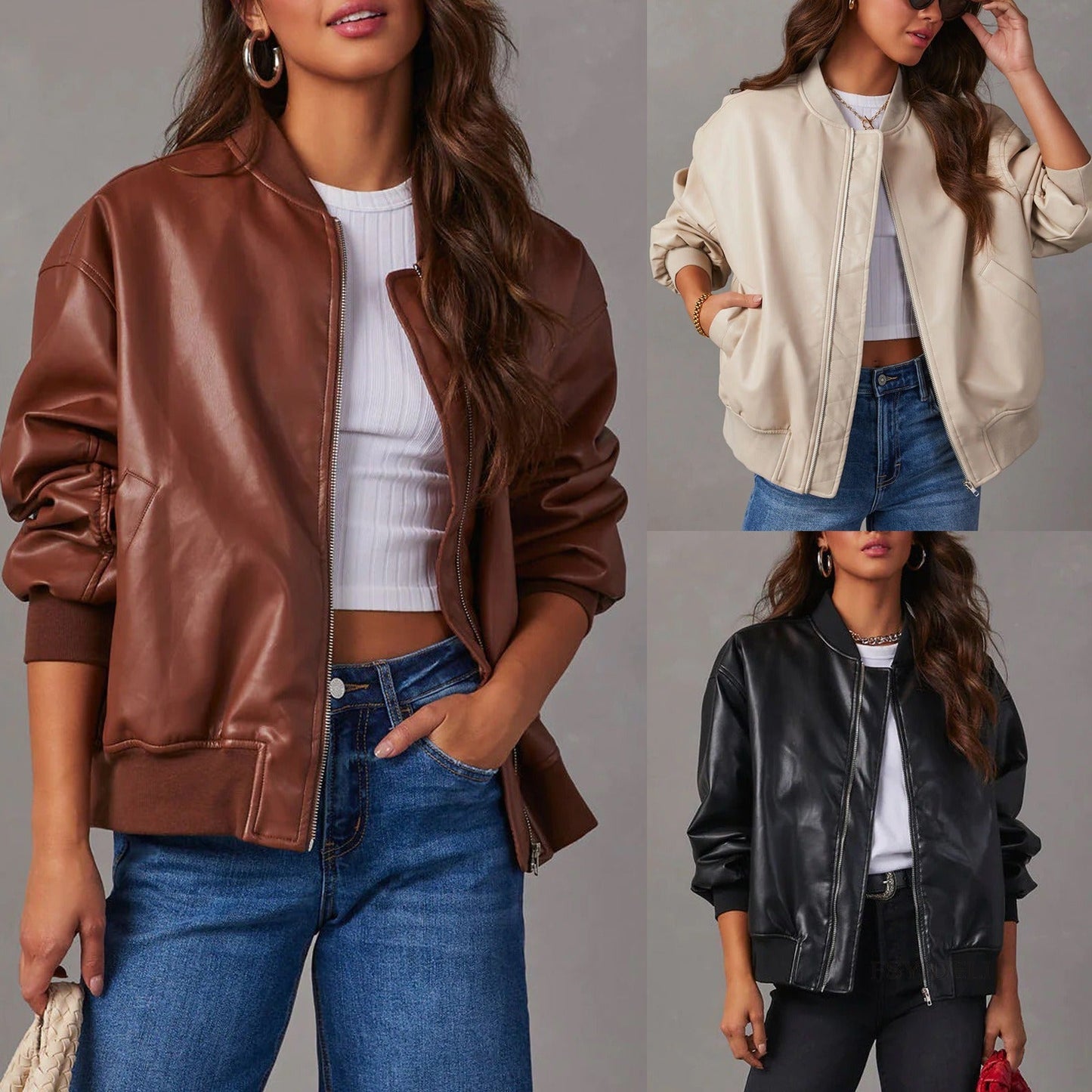 Isoldea | Women's Zip-Up Leather Biker Jacket in Casual Baseball Style