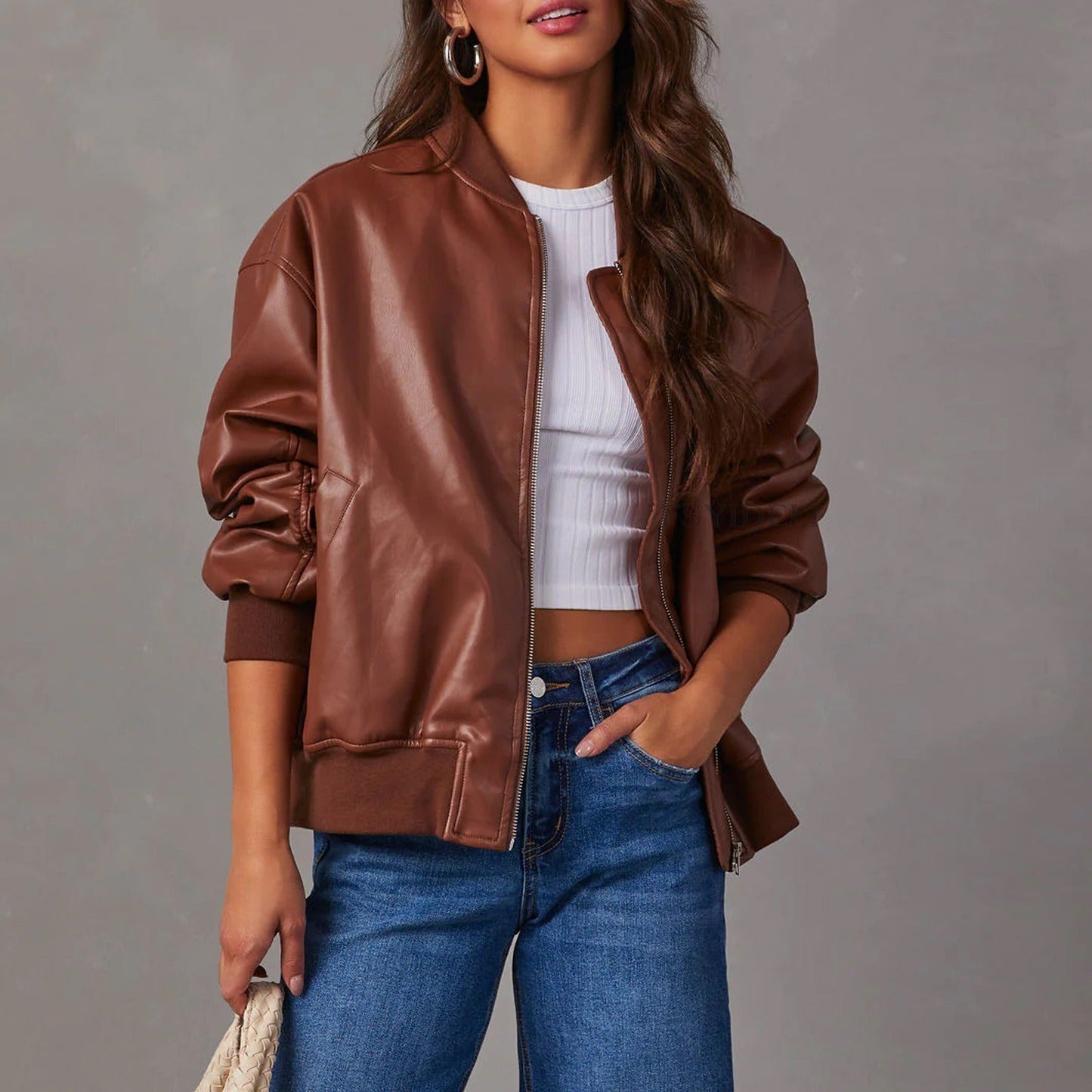 Isoldea | Women's Zip-Up Leather Biker Jacket in Casual Baseball Style